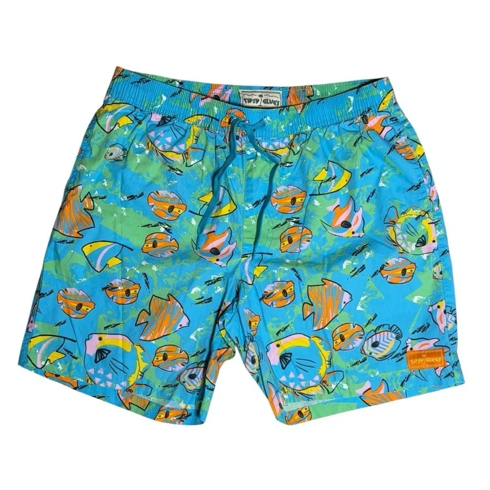 Tipsy Elves Men’s Swim Trunks Size M Tropical Fish Print Drawstring Shorts